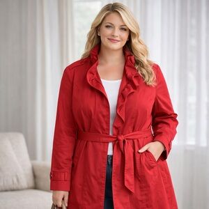 ELLE Red Ruffle Front Trench Jacket Belted XL Cotton Blend Chic Coat